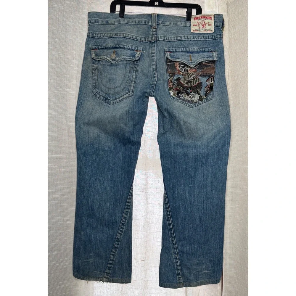 Y2K Vintage True Religion Joey Samurai Graphic Jeans Blue Distressed Mens 40x30